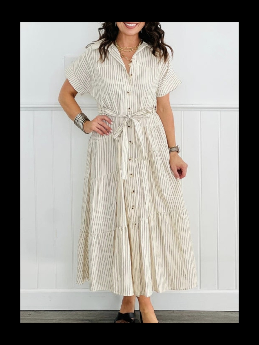 Polagram Cream Striped Tiered Maxi Dress with Tie Waist Size XL